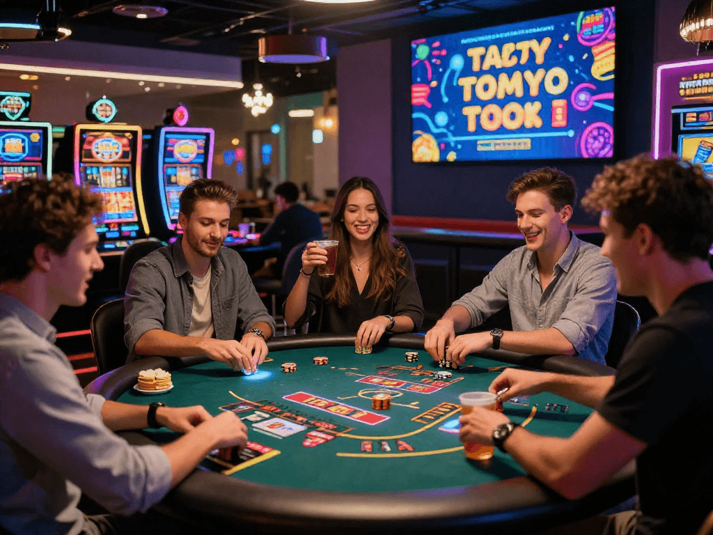 Scène de casino en ligne avec des amis jouant à des jeux, ambiance festive et éclairage coloré.
