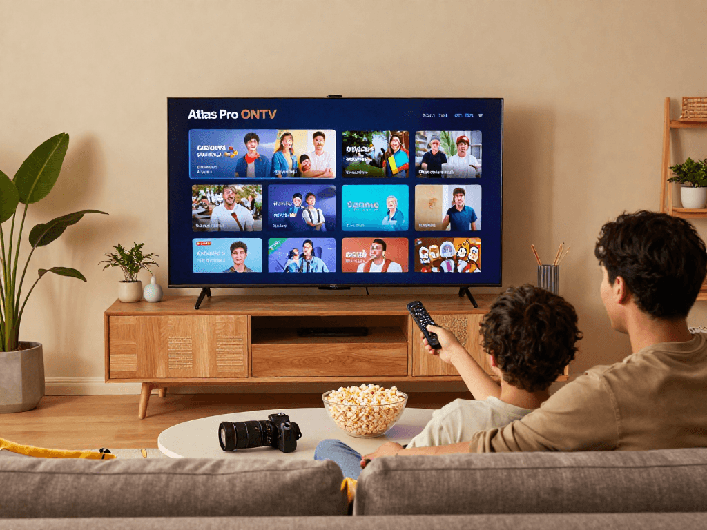 Couple utilisant Atlas Pro ONTV sur leur TV grand écran dans un salon moderne et confortable.