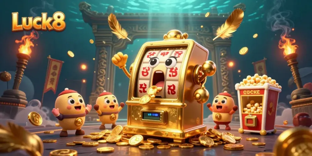 Luck8 slot machine wins a jackpot, pouring out coins in a dynamic casino scene full of excitement.