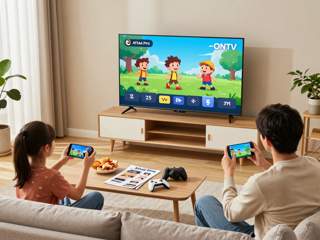 Famille profitant d'Atlas pro ontv sur TV intelligente dans un salon moderne.