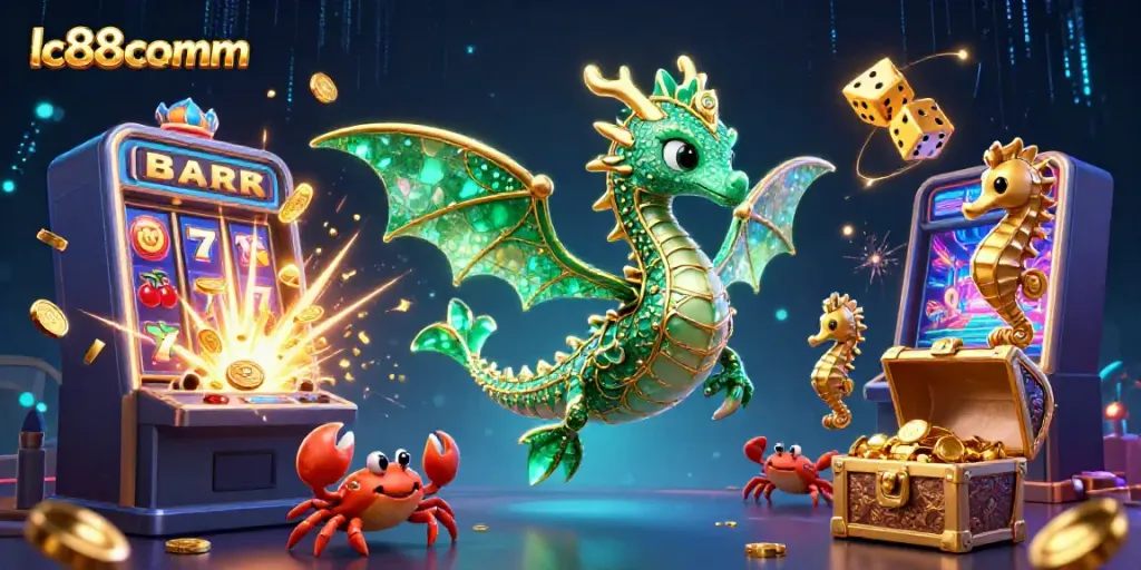 Spin the reels with lc88comm’s vibrant jackpot scene featuring a sea dragon and abundant treasures.