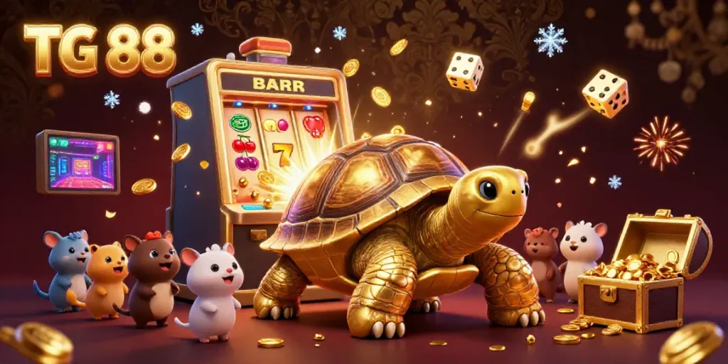 Spin and win at TG 88 with an enchanting 3D cartoon gaming landscape alive with cash prizes, slot machines, and playful characters.