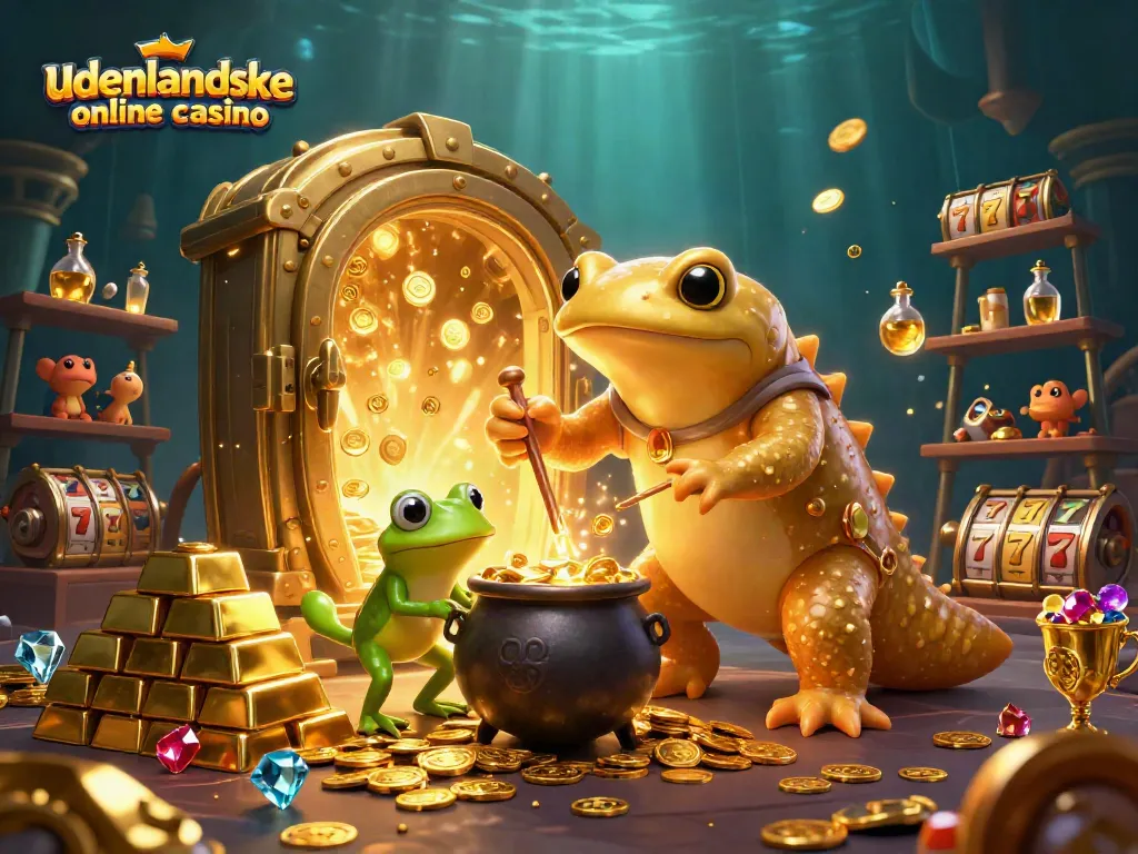 Experience the magic of udenlandske online casino through this vibrant 3D illustration with gold coins and slot elements.