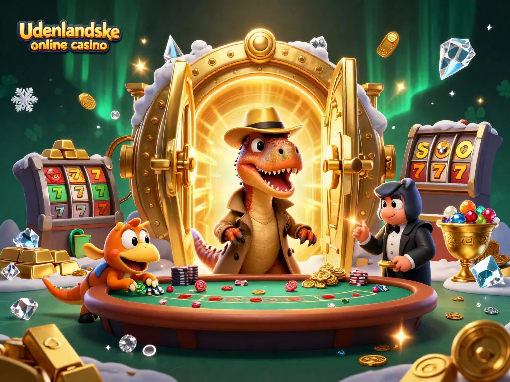 Engage with udenlandske online casino featuring a velociraptor card counter at a blackjack table amidst treasures.