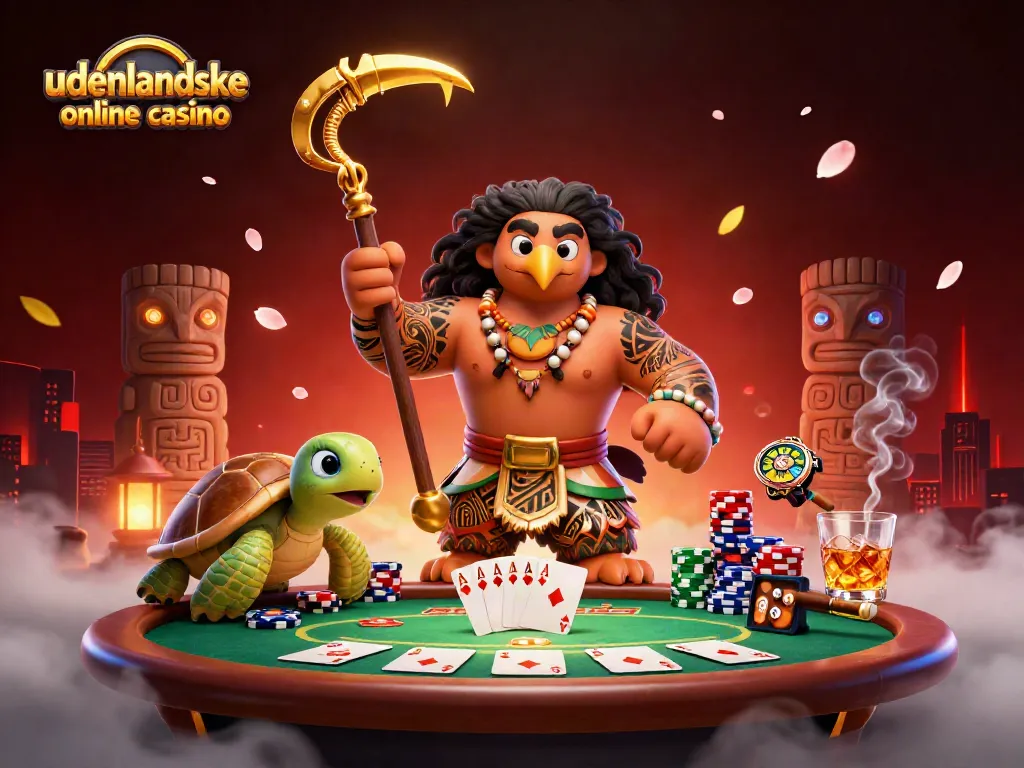 Engage with udenlandske online casino in a vibrant, action-packed scene featuring a demigod, poker, and dazzling effects.