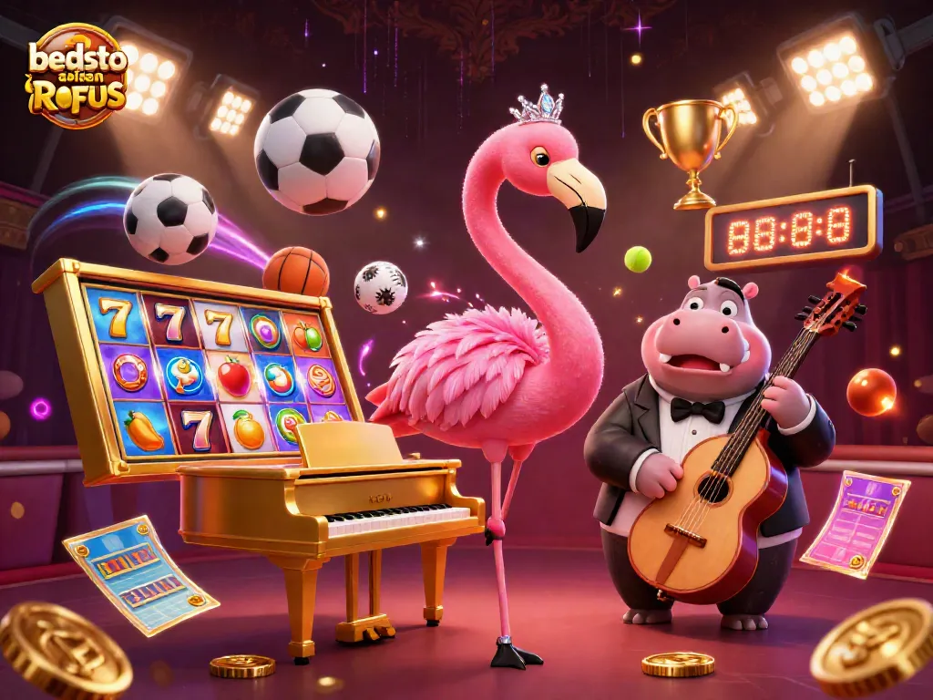 Engaging scene showcasing the beste casino uden ROFUS with a flamingo singer and hippo bassist among vibrant gaming elements