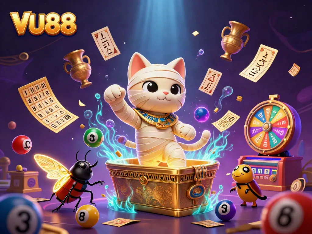 Experience vibrant gaming adventures with VU88 featuring a playful mummy cat and scarab in a lively casino scene.