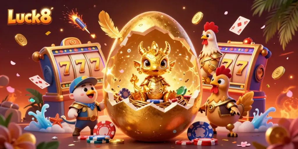 Luck8's golden dragon reveals jackpot excitement on poker chips with vibrant casino elements.