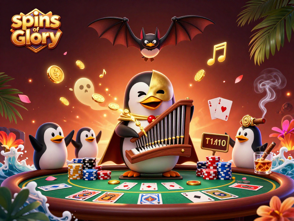 Experience the thrilling spins of glory with a penguin playing a golden coin organ amid poker excitement.