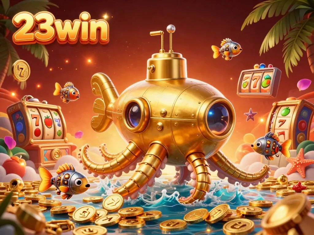 Experience the thrills of 23win with a golden kraken submarine amidst vibrant casino elements.