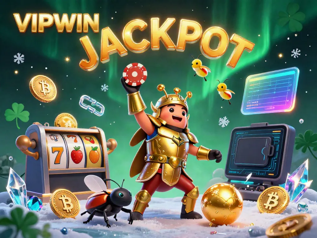 Join the action at VIPWIN with a cartoon beetle champion lifting a poker chip among jackpot symbols.