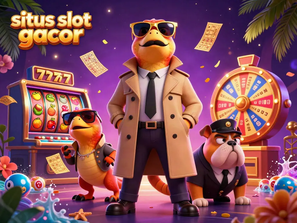 Experience situs slot gacor thrills with cartoon raptors at a VIP casino, surrounded by vibrant gaming elements.