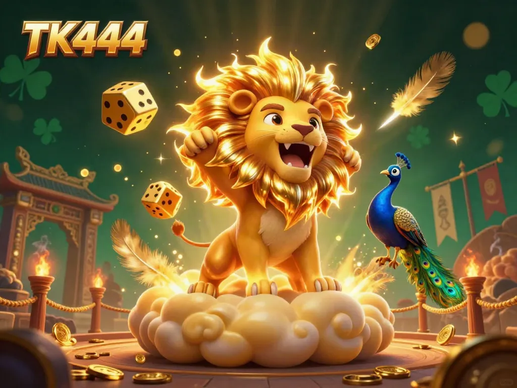 Experience the thrill of TK444, featuring a roaring lion and dice in a vibrant casino scene.