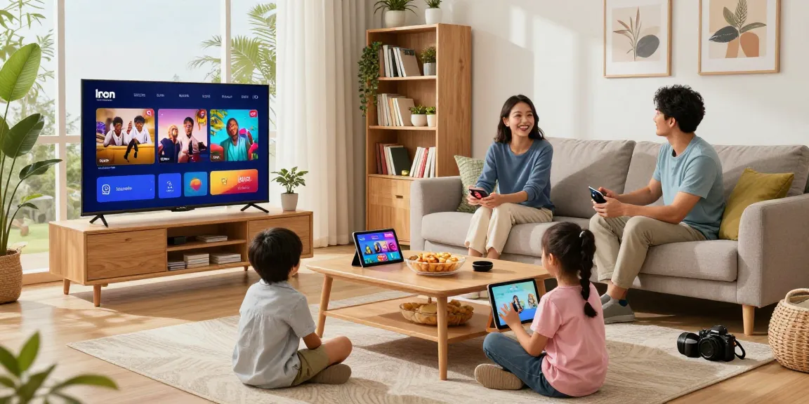 Famille profitant de l'Iron TV dans un salon moderne avec téléviseur intelligent.