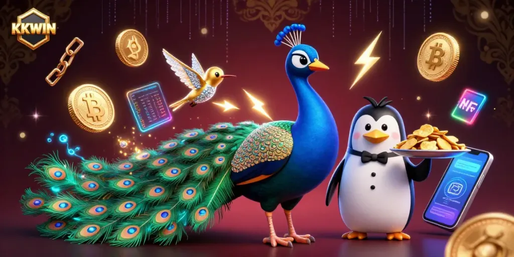 Engage with KKWIN's vibrant casino world, featuring an aristocratic peacock and gaming treasures.