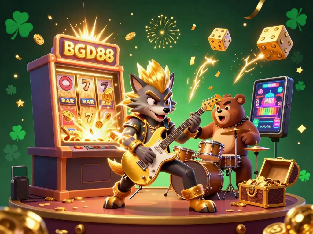 Experience BGD88 with vibrant casino festivities featuring a rock star wolf and bear drummer.