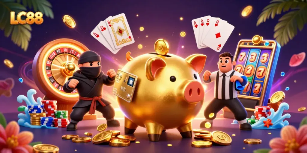 LC88 features a dynamic casino scene with golden piggy bank and gaming elements.