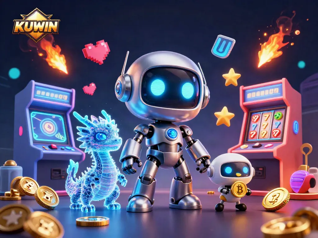 KUWIN introduces vibrant slot gaming adventures with a neon cyberpunk theme featuring robots and holograms.