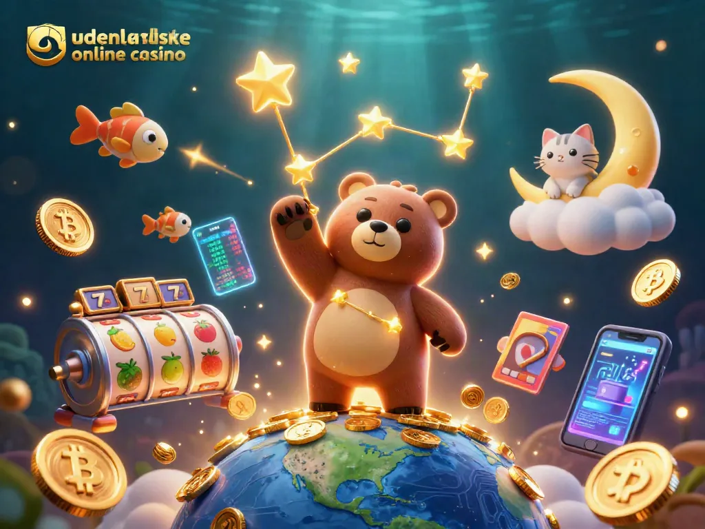 Engaging 3D scene of udenlandske online casino elements, featuring stars collecting coins surrounded by vibrant gaming symbols.