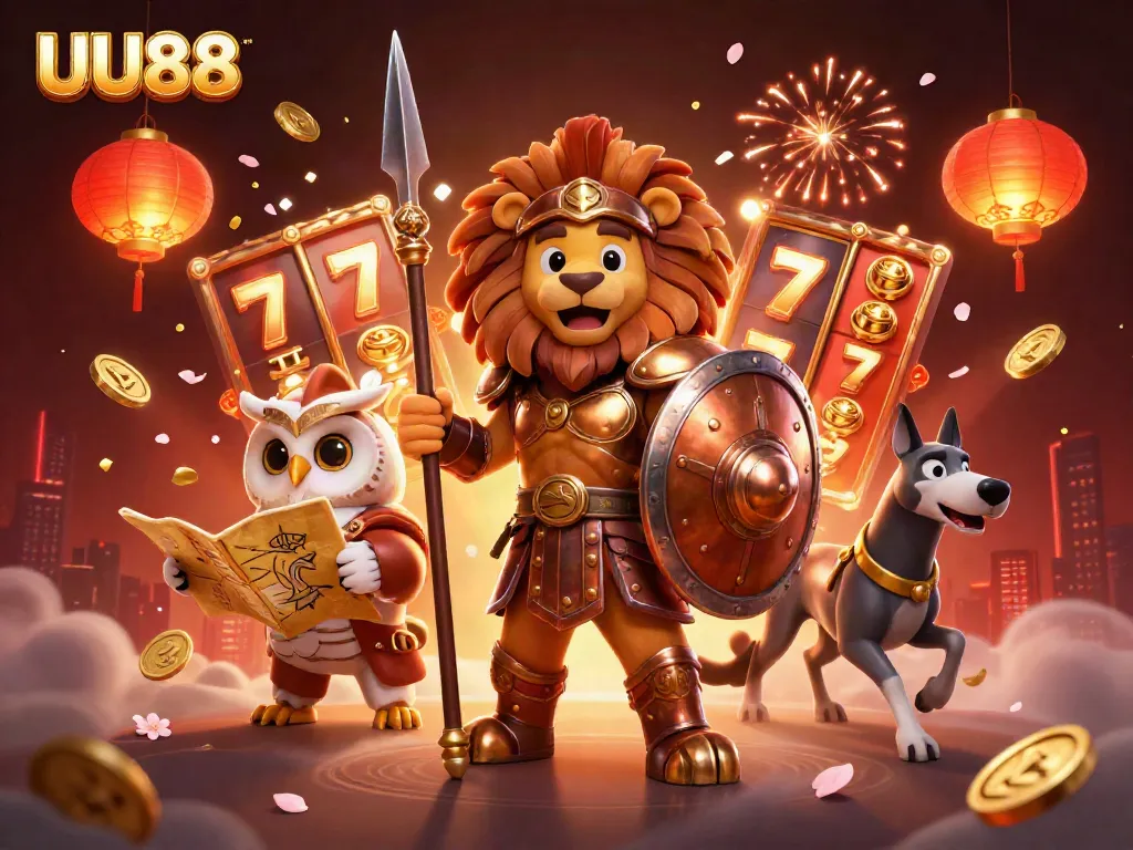 Experience vibrant slots action with UU88's 3D Spartan lion and friends in an engaging casino scene.