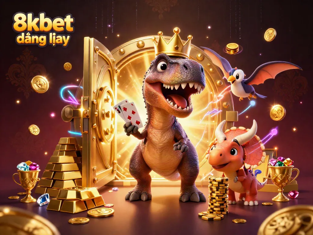 Engage with 8kbet đăng nhập while enjoying a vibrant casino scene featuring colorful characters and sparkling treasures.