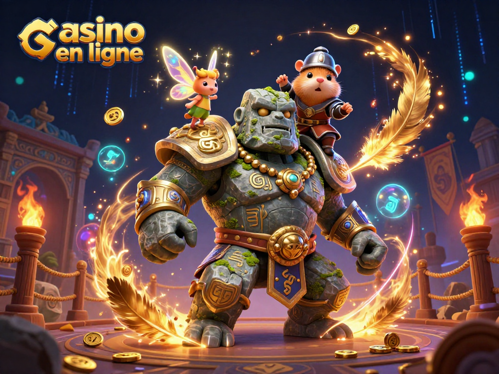 Explorez l'univers d'un casino en ligne avec une illustration dynamique mettant en scène un golem gardien et un hamster chevalier.