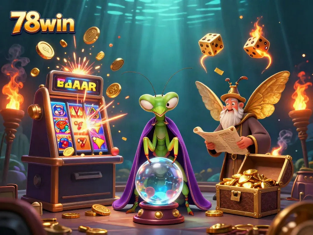 Players dive into the vibrant 78win gaming realm surrounded by slot symbols and mystical characters.