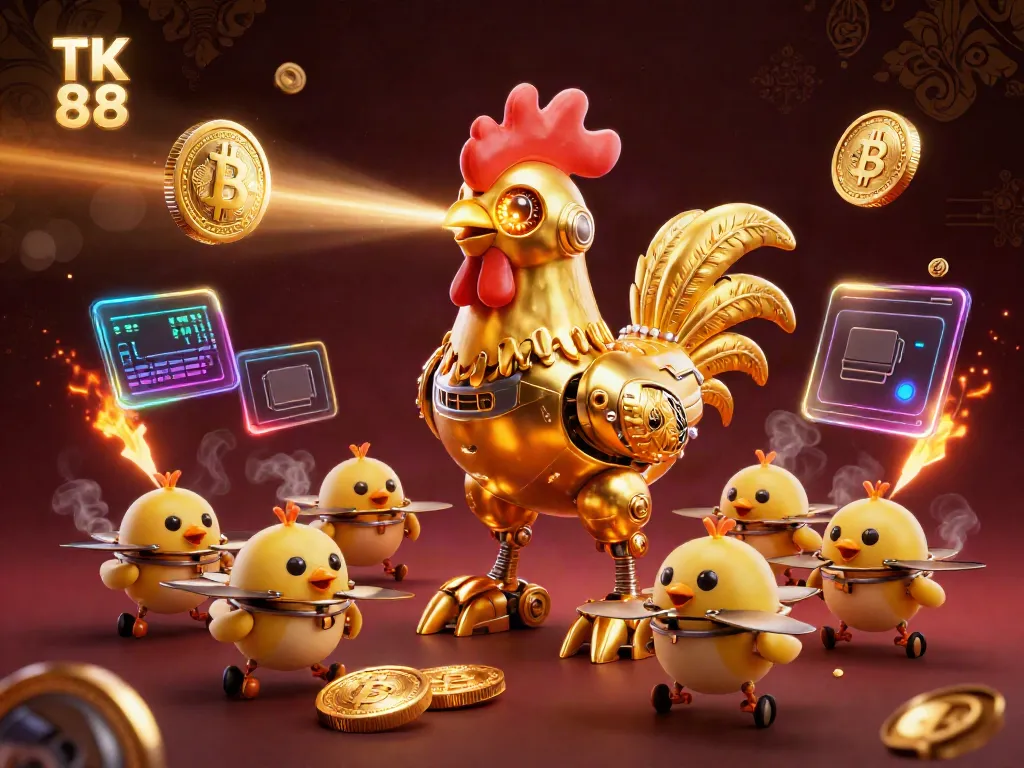 Engage in thrilling gambling with TK 88's golden rooster robot leader and floating crypto elements.