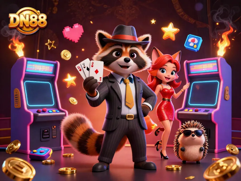 Join the excitement at DN88 with a raccoon, fox, and hedgehog in a 3D casino adventure!