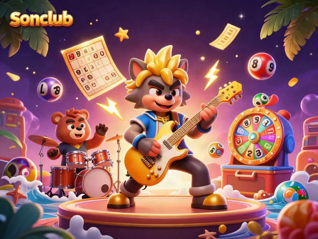 Experience excitement at sonclub with colorful bouncing lottery balls and energetic characters on stage.