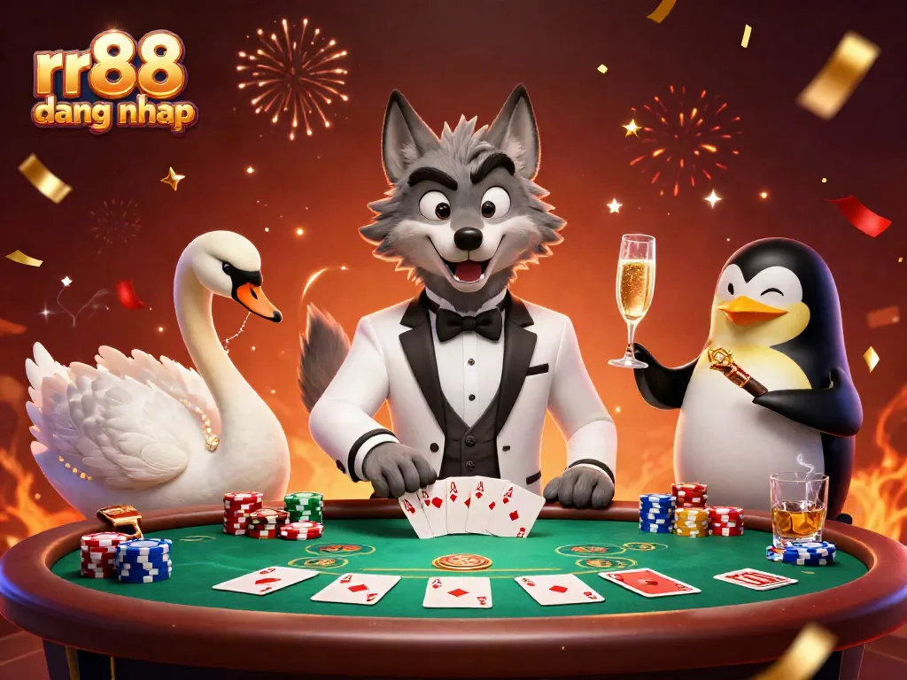 Experience rr88 dang nhap with a vibrant 3D casino scene featuring a debonair wolf, elegant swan, and sophisticated penguin.