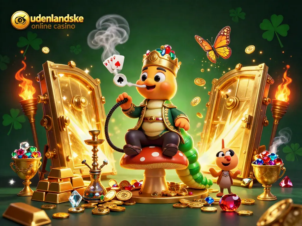 Experience the excitement of udenlandske online casino with a vibrant 3D illustration of casino treasures and gaming fun.