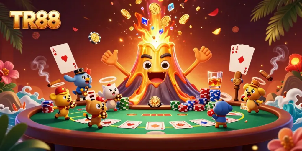 Experience the excitement of TR88 with a vibrant scene showcasing a winning eruption of treasures and poker action.
