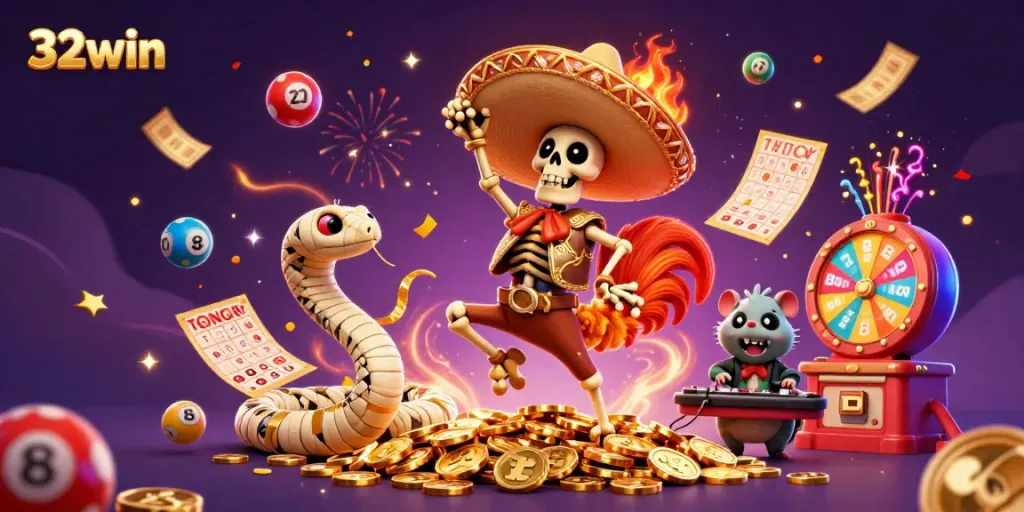 Experience the excitement with 32win as characters celebrate on golden coins amidst vibrant casino elements.