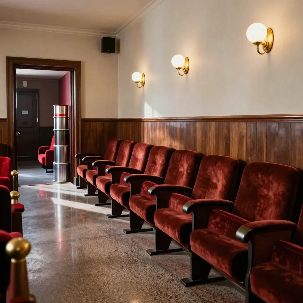 Foyer de cinéma parisien vide, sièges en velours, appliques de laiton et bobines près d’une porte.