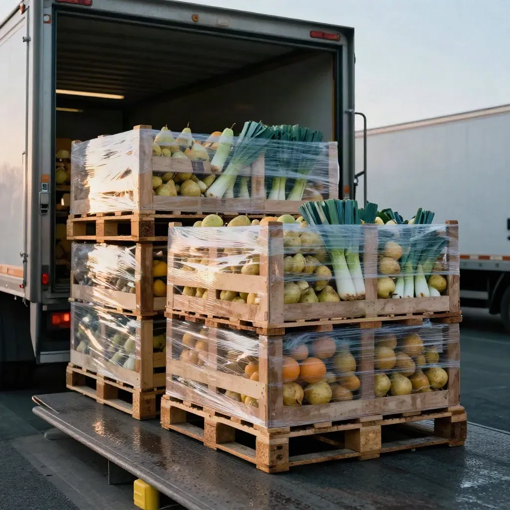 Quai de marché avec caisses de fruits, palettes filmées et camion de livraison ouvert à l’aube.