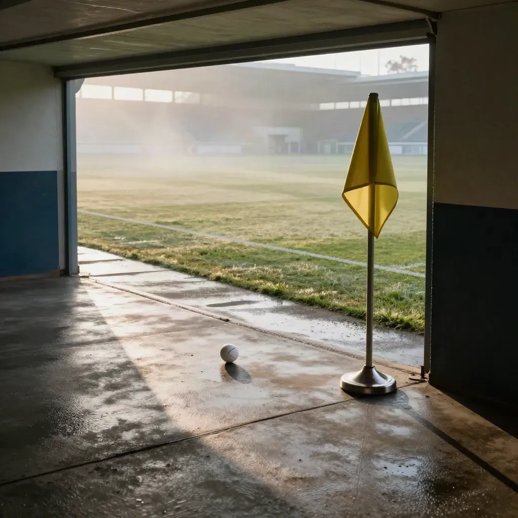 Tunnel de stade vers une pelouse mouillée, ballon et drapeau de corner plié au matin.