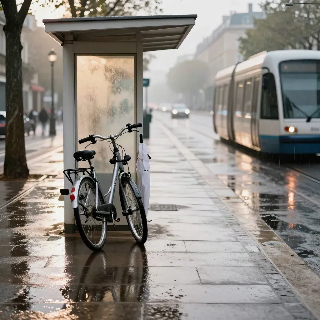 Arrêt de tram mouillé, vélos, flaques et pluie fine au petit matin.