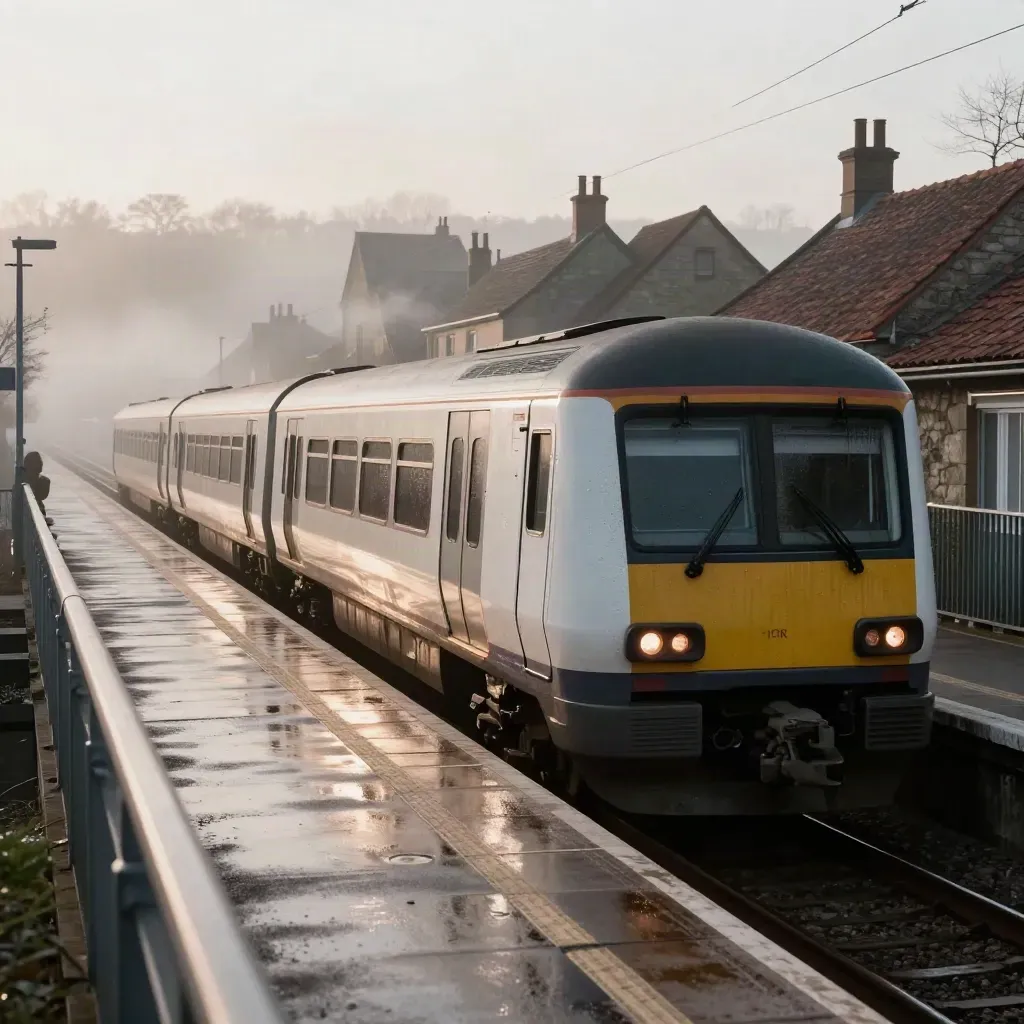 Train TER quittant une petite gare au petit matin, brume et toits de village.