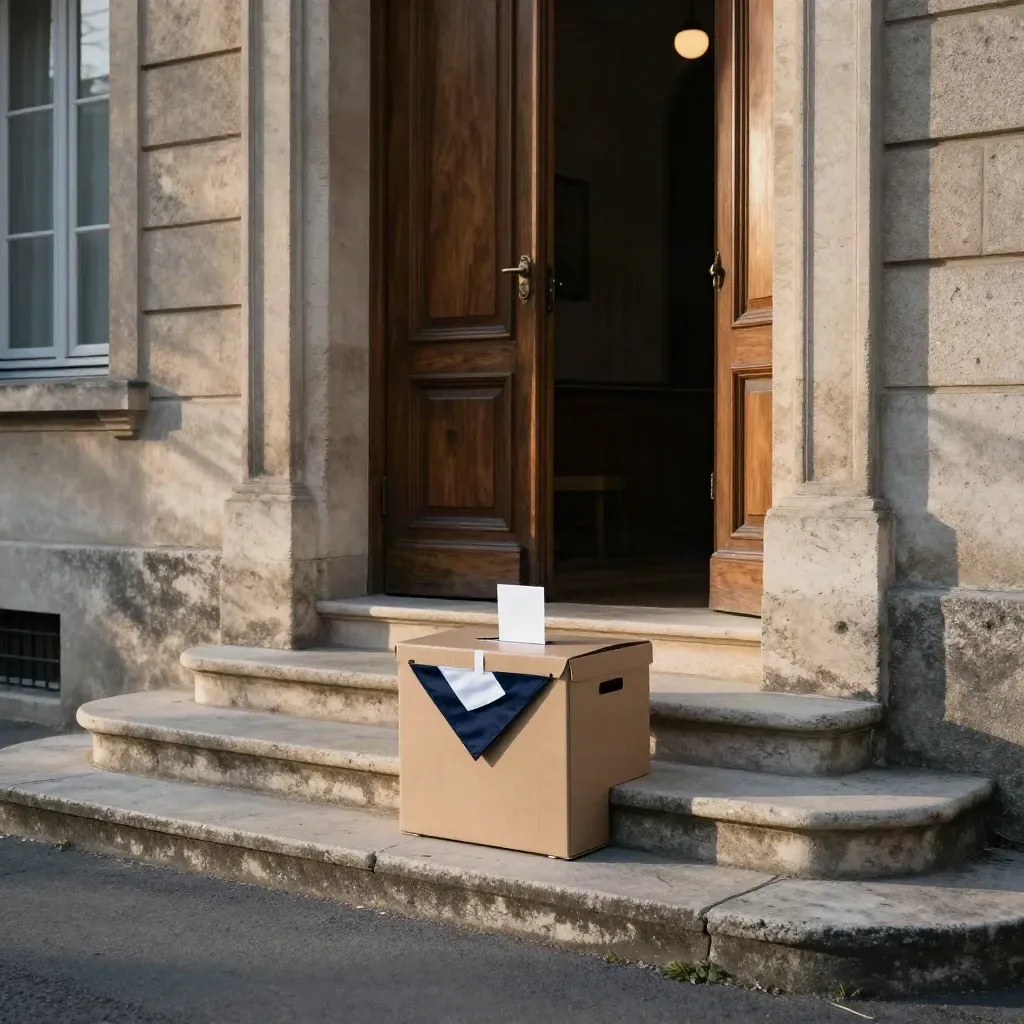 Entrée d’une petite mairie au matin avec urne scellée et fanions civiques pliés.