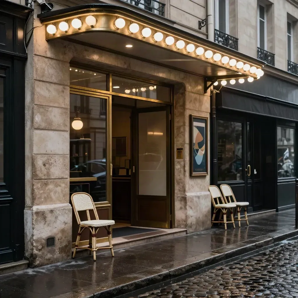 Façade d’un cinéma d’art parisien sur pavés mouillés, chaises de café blanches et ruelle sombre.