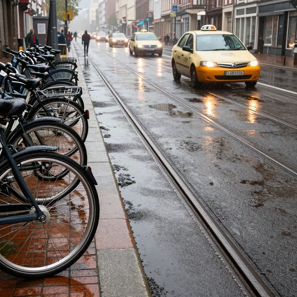 Rails de tram mouillés, vélos alignés et reflet de taxi dans les flaques au matin.