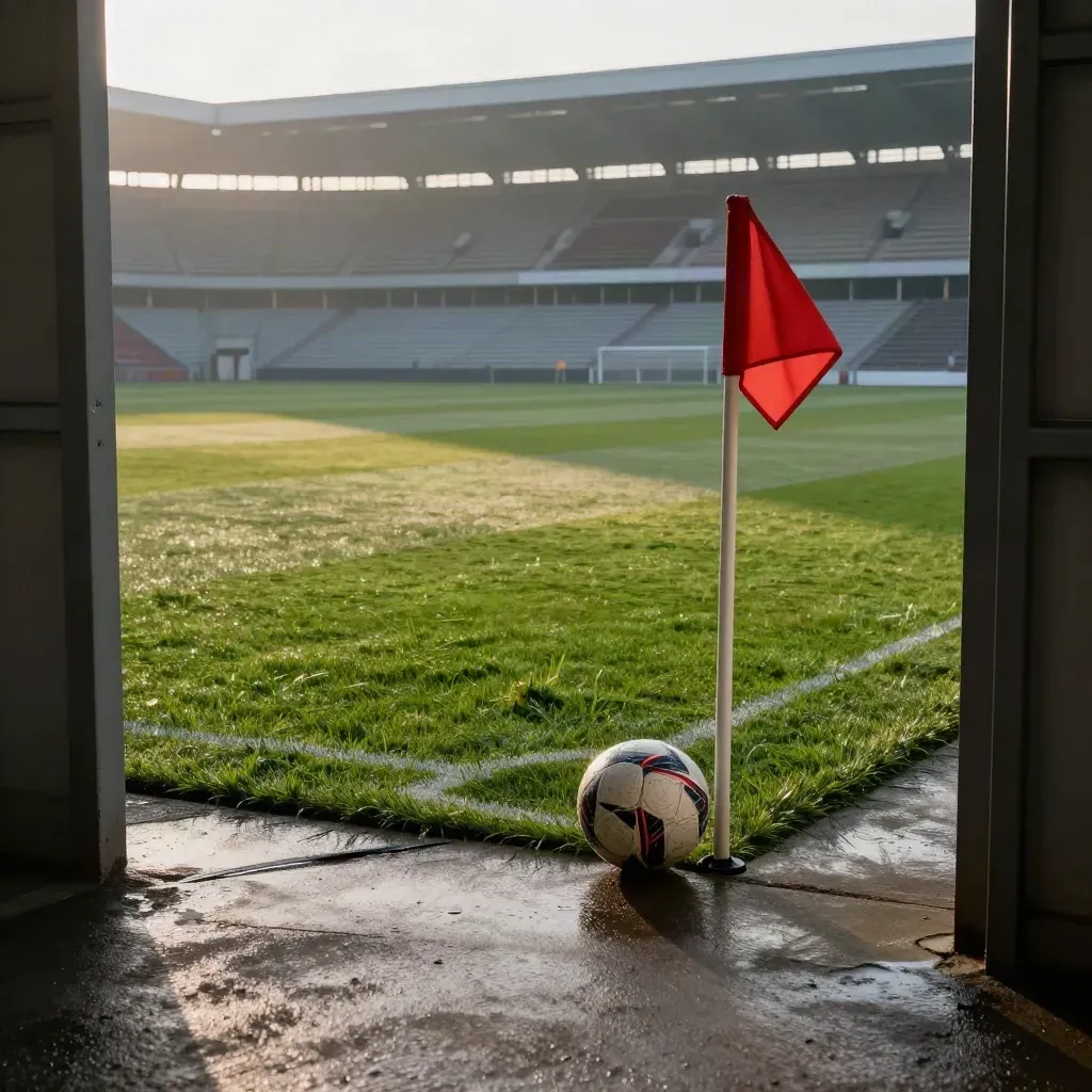 Stade vide à l’aube, pelouse humide, drapeau rouge et ballon près de la touche.