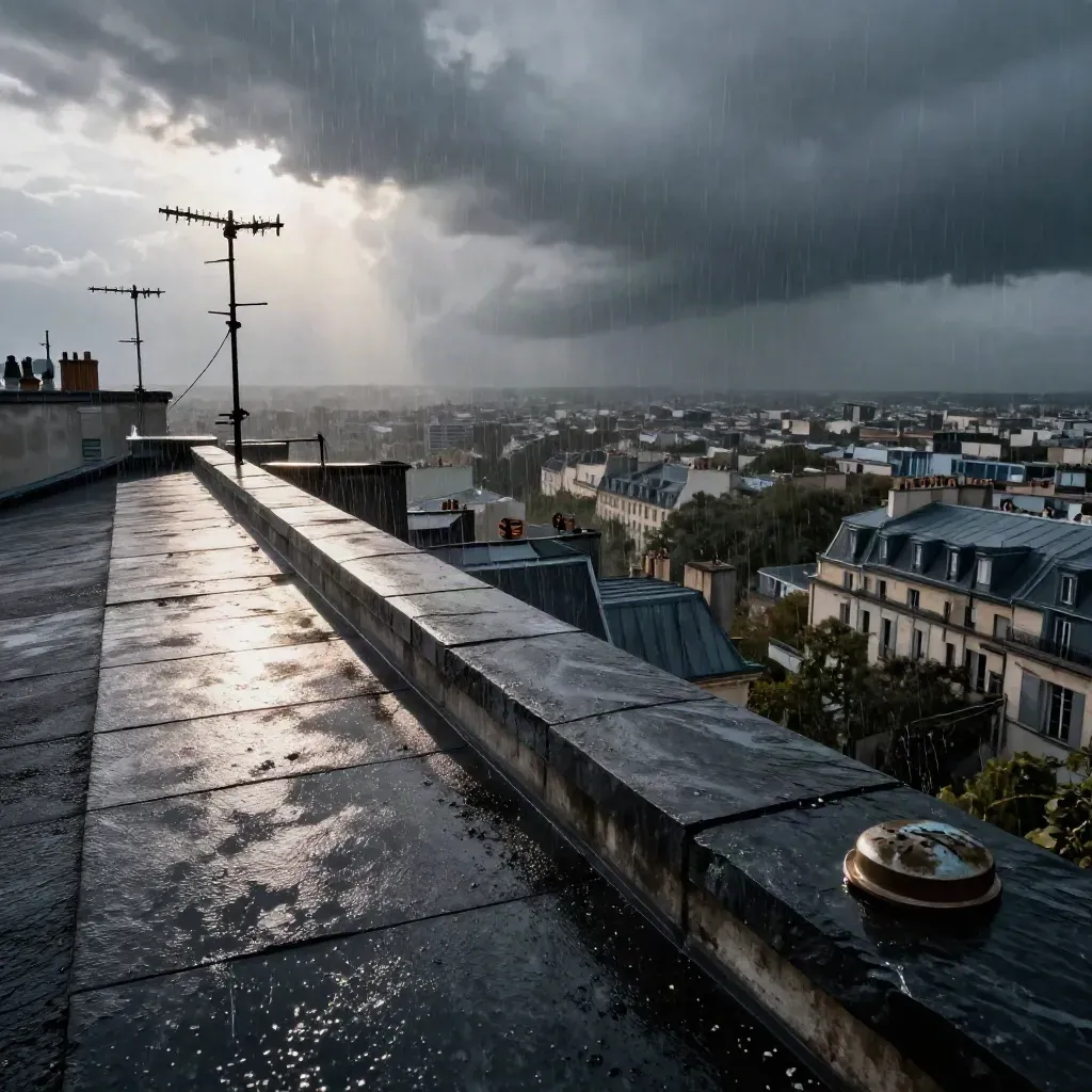 Toit urbain sous l’orage, antennes et parapet mouillé au-dessus d’une ville française.