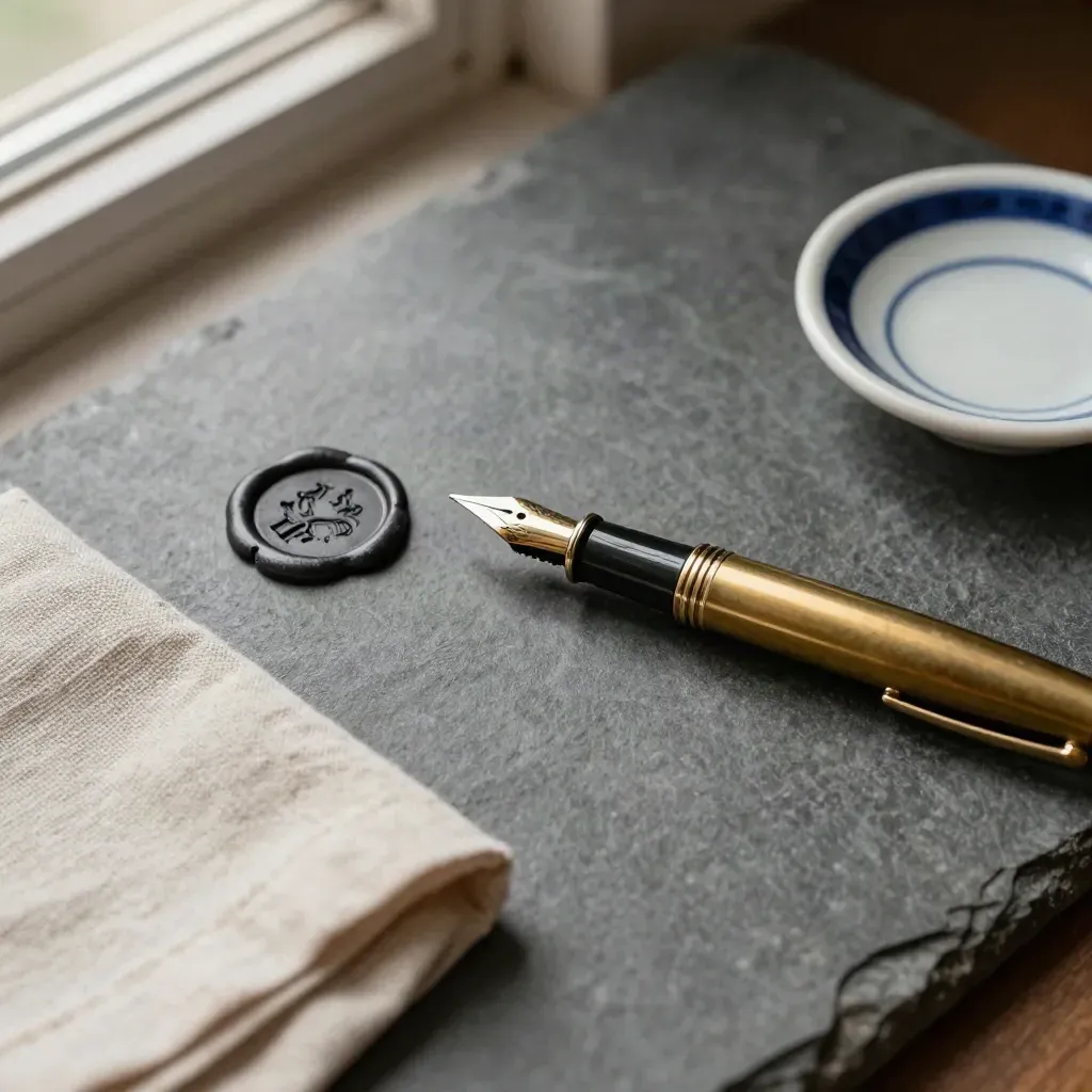 Stylo plume en laiton, sceau à cire, linge plié et coupelle en céramique sur pierre.