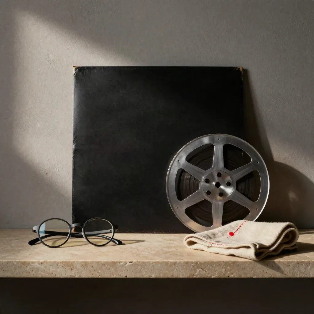 Étagère en pierre avec pochette vinyle noire, bobine de film, lunettes rondes et linge plié.