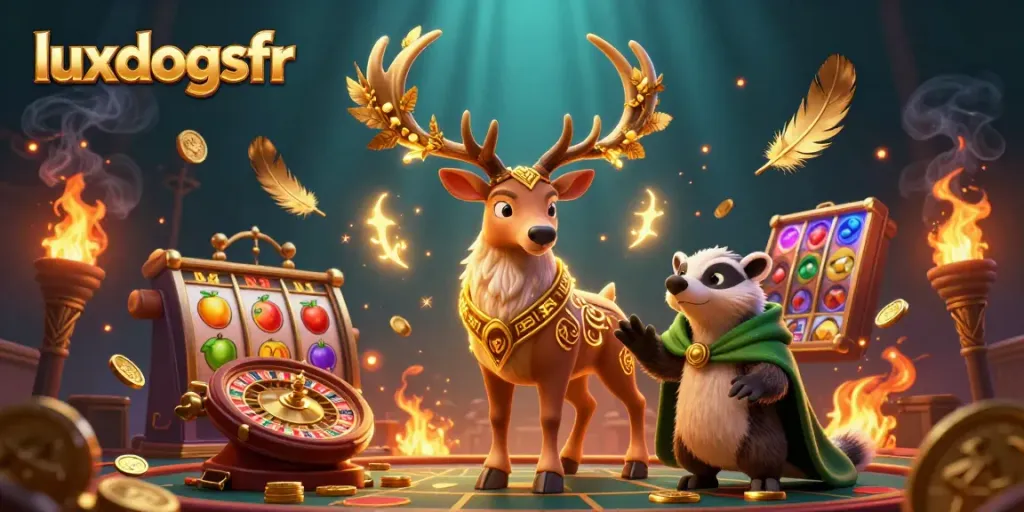 Experience enchanting gaming with luxdogsfr, featuring a magical stag and badger amidst casino elements.