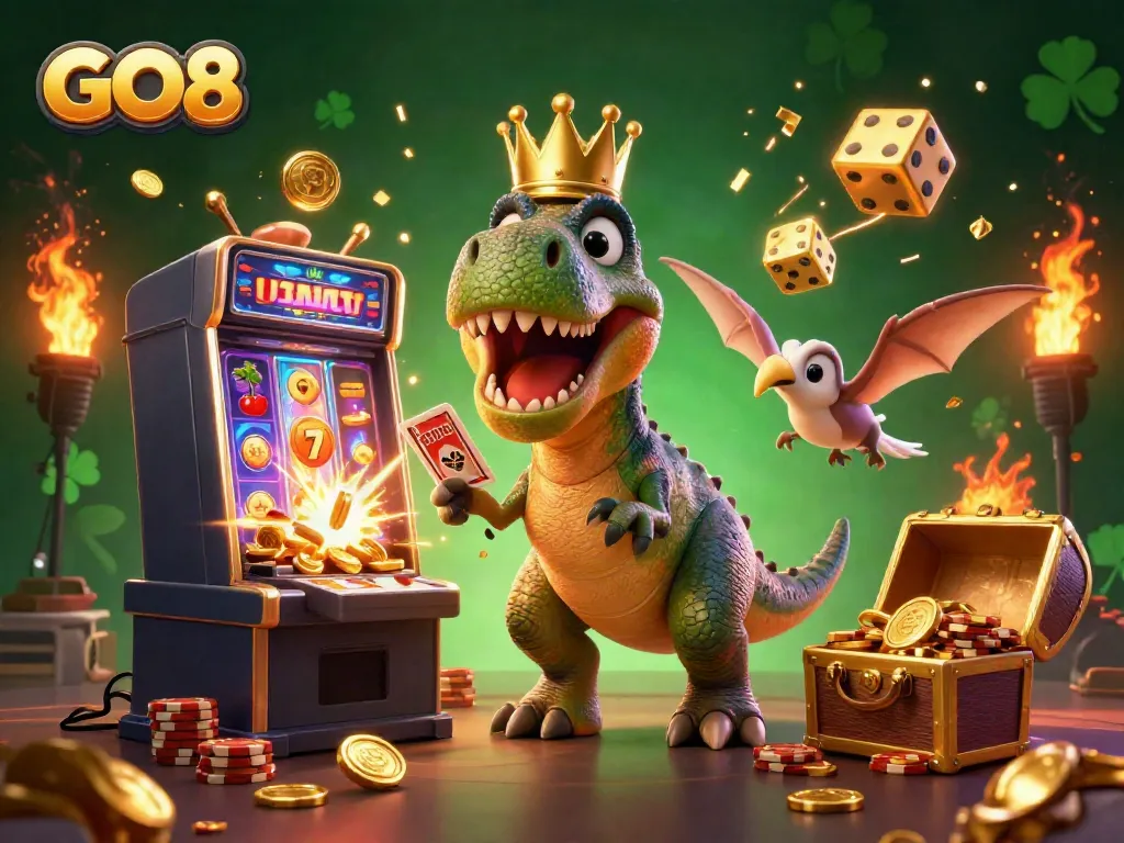 GO8 themed illustration with a T-Rex, pterodactyl, and triceratops engaged in a slot machine jackpot celebration.