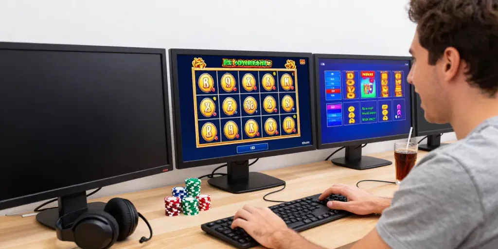 Un joueur profitant d'un bonus sans dépôt casino en ligne, avec des jeux de machines à sous captivants à l'écran.