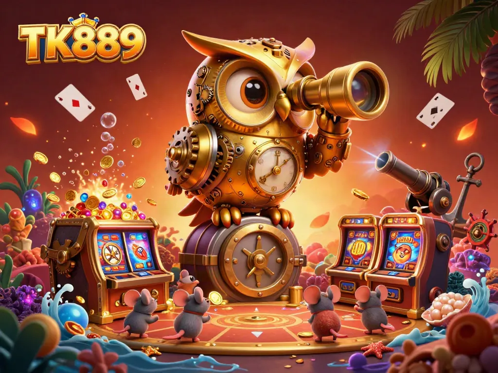 Experience vibrant entertainment at TK889's casino with a golden owl and lively gaming elements.